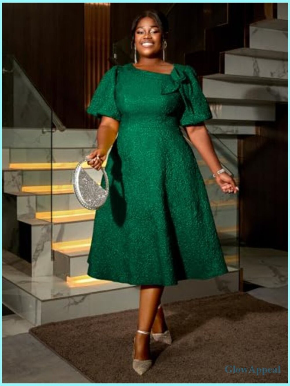 Irregular Neck Puff Sleeve A-Line Jacquard Midi Dress - Picture 4 of 5